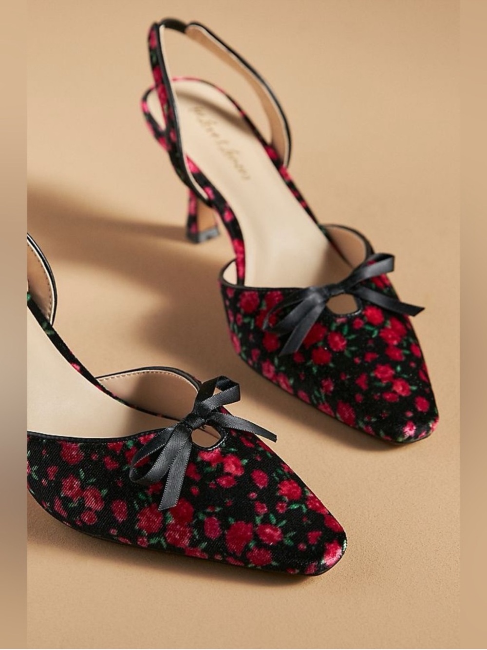 For Love And Lemons Lyana Black Floral Slingback Pumps/Kitten Heel